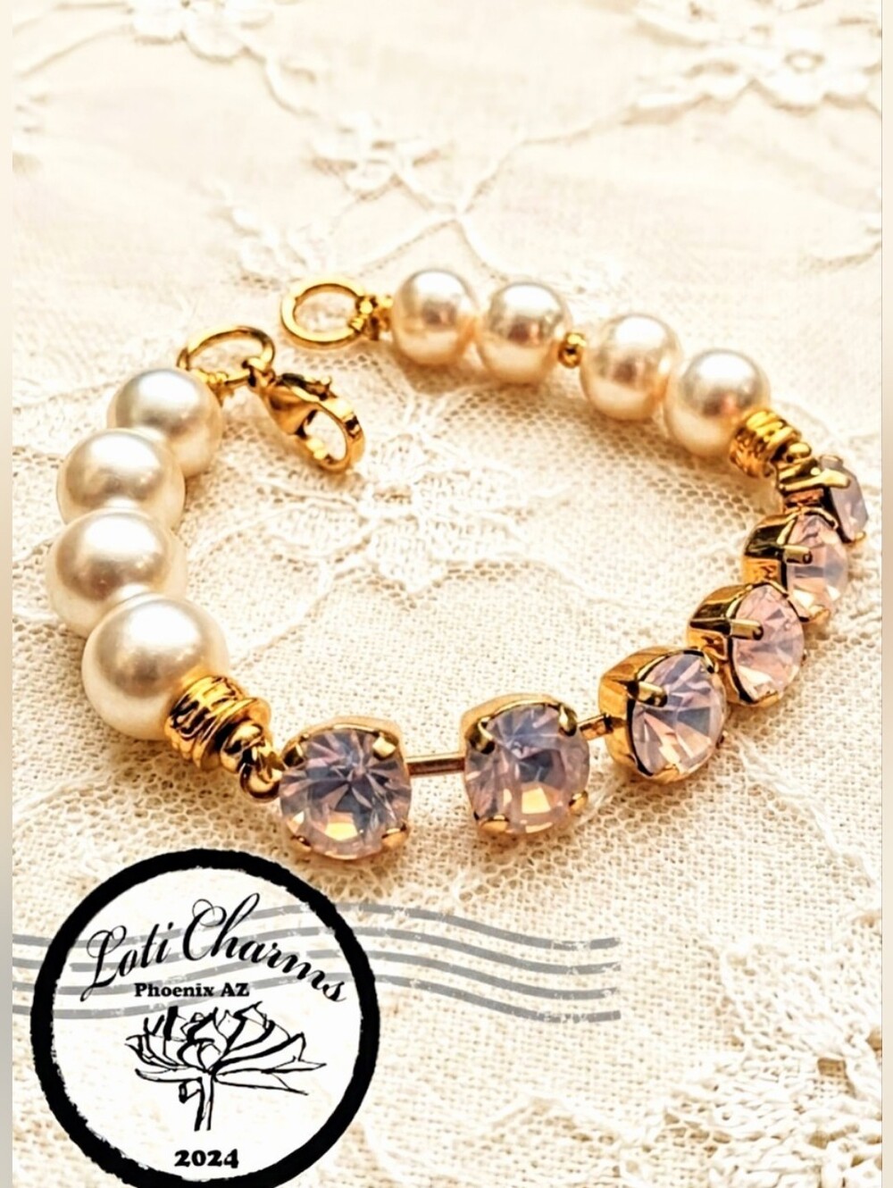 Pink Rosewater Opal Crystal And White Freshwater Pearls In GP Bracelet
